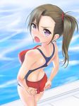  adjusting_clothes adjusting_swimsuit ass blush breasts brown_hair competition_swimsuit from_behind highres long_hair looking_back medium_breasts one-piece_swimsuit open_mouth original pool poolside purple_eyes rasukaru solo swimsuit 
