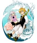  1girl animal blonde_hair blue_eyes boots bow bowtie earrings elizabeth_liones green_eyes hair_over_one_eye hawk_(nanatsu_no_taizai) jewelry long_hair looking_at_viewer meliodas midriff nanatsu_no_taizai navel open_mouth pig ribbon shirou_(vista) shirt short_hair silver_hair skirt smile sword sword_hilt tree weapon 