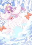  3000_xiao_chun absurdres aircraft airplane cloud crescent dress hair_ribbon highres patchouli_knowledge purple_eyes purple_hair ribbon smile solo touhou wide_sleeves 