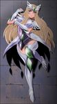  1girl absurdres aquila_yuna armor blonde_hair blue_eyes blush boots breast_hold breasts cosplay feet floor high_heel_boots high_heels highres legs long_hair looking_at_viewer lying peacock_pavlin saint_seiya saint_seiya_omega smile solo thigh_boots thighhighs thighs wavy_hair yadokari_genpachirou 