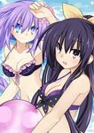  ball beachball bikini blue_eyes braid breasts creator_connection crossover date_a_live long_hair looking_at_viewer medium_breasts meimu_(infinity) multiple_girls neptune_(series) open_mouth purple_eyes purple_hair purple_heart ribbon swimsuit twin_braids twintails very_long_hair yatogami_tooka 