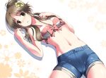  bikini_top blush brown_eyes brown_hair collarbone denim denim_shorts flower hair_bun hair_ornament idolmaster idolmaster_cinderella_girls long_hair lying ment navel open_mouth ponytail short_hair shorts solo sweatdrop takamori_aiko 