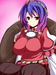  1girl armchair breasts cg chair edokoro_kyoyama female gradient_hair hair_ornament highres huge_breasts long_skirt multicolored_hair pink_hair purple_hair short_hair sitting skirt solo touhou yasaka_kanako 