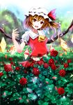  ascot bad_id bad_pixiv_id blonde_hair field flandre_scarlet flower flower_field glowing glowing_wings hat hat_ribbon henet_hene looking_at_viewer midriff mob_cap open_mouth puffy_sleeves red_eyes red_flower red_rose ribbon rose shirt short_sleeves side_ponytail skirt skirt_set smile solo touhou vest wings 