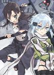  1girl black_eyes black_hair blue_eyes blue_hair breastplate five-seven_(gun) gun gyaku_tsubasa handgun kirito kirito_(sao-ggo) long_hair otoko_no_ko pgm_hecate_ii rifle scarf short_hair sinon sniper_rifle sword_art_online weapon 