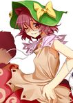  animal_ears bell bow breasts brown_eyes brown_hair futatsuiwa_mamizou glasses grin hand_on_hip hat kumadano leaf leaf_on_head one_eye_closed pince-nez raccoon_ears raccoon_tail short_hair sideboob skirt small_breasts smile solo tail touhou 