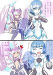  2koma blue_eyes blue_hair bracelet breasts chinese comb comic dress genderswap genderswap_(mtf) highres jewelry league_of_legends medium_breasts multiple_girls nam_(valckiry) personification pincers purple_hair scorpion_girl short_hair skarner stinger sweat thighhighs translated twintails xerath yellow_eyes 