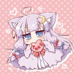  ahoge animal_ears blue_eyes blush cat_ears chibi coat crescent crescent_hair_ornament dress hair_ornament hair_ribbon heart heart_ahoge kemonomimi_mode long_hair long_sleeves looking_at_viewer neko_yume open_clothes open_coat patchouli_knowledge pink_background purple_dress purple_hair ribbon solo star striped striped_dress thank_you touhou tress_ribbon very_long_hair wide_sleeves 
