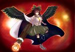  arm_cannon aura black_hair blouse bow breasts cape hair_bow highres kinokodake kneehighs large_breasts leg_up light light_particles light_trail long_hair looking_at_viewer ponytail red_background red_eyes reiuji_utsuho short_sleeves sidelocks skirt solo sun third_eye touhou weapon wings 