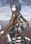  black_eyes black_hair dual_wielding emblem from_behind holding hyp mikasa_ackerman paradis_military_uniform scarf shingeki_no_kyojin short_hair solo sword thigh_strap training_corps_(emblem) weapon 