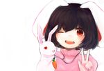  animal_ears bad_id bad_pixiv_id black_hair bunny bunny_ears carrot carrot_necklace dress hand_puppet highres inaba_tewi jewelry maccha_cocoa_(mococo) necklace one_eye_closed open_mouth pendant pink_dress puppet red_eyes short_hair smile solo touhou turtleneck upper_body v 