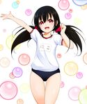  black_hair bubble buruma gym_uniform ichimatsu_(anaumemondai) long_hair looking_at_viewer love_live! love_live!_school_idol_project name_tag red_eyes smile solo thigh_gap twintails yazawa_nico 