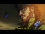  anime_coloring beard blue_eyes brown_hair bug butterfly emilio_lopez english facial_hair fake_screenshot headband insect letterboxed male_focus metal_gear_(series) metal_gear_solid metal_gear_solid_peace_walker mustache naked_snake signature solo 
