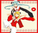  1girl :p blonde_hair blue_eyes blue_hair border braid bread carrying chinese_clothes drinking_straw food hatsune_miku highres indian_style kagamine_len kitamura_issa long_hair panda_hat red_border shoulder_carry sitting tongue tongue_out twin_braids vocaloid yie_ar_fan_club_(vocaloid) 