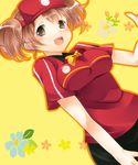  breasts brown_eyes brown_hair clothes_writing employee_uniform fast_food_uniform flower hataraku_maou-sama! highres kakerayuri leaf medium_breasts ribbon sasaki_chiho short_hair short_twintails solo twintails uniform visor_cap yellow_background 