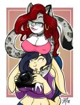  2018 anthro big_breasts black_hair blush breasts cleavage clothed clothing duo ear_piercing facial_piercing feline female female/female hair heterochromia j3t lagomorph leopard lip_piercing mammal midriff navel nipple_bulge piercing rabbit red_hair snow_leopard 