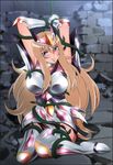  1girl absurdres aquila_yuna armor armpits arms_up blonde_hair blue_eyes blush breasts clenched_teeth cosplay feet highres large_breasts long_hair looking_at_viewer saint_seiya saint_seiya_omega sitting solo teeth tied_up wall wavy_hair yadokari_genpachirou 