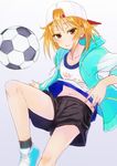  akai_kagerou backwards_hat ball blonde_hair collarbone cross-laced_footwear hair_through_headwear hat hood idolmaster idolmaster_cinderella_girls long_hair long_sleeves navel shorts sleeves_pushed_up soccer_ball solo telstar yellow_eyes yuuki_haru 