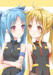  bare_shoulders belt blonde_hair blue_hair blush fate_testarossa hair_ribbon kiichi_(picchi0112) long_hair lyrical_nanoha mahou_shoujo_lyrical_nanoha mahou_shoujo_lyrical_nanoha_a's mahou_shoujo_lyrical_nanoha_a's_portable:_the_battle_of_aces mahou_shoujo_lyrical_nanoha_the_movie_2nd_a's material-l multiple_girls purple_eyes red_eyes ribbon sleeveless smile twintails 