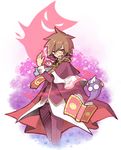  book brown_hair cape chain hat klug_(puyopuyo) male_focus pants purple_background puyopuyo puyopuyo_fever red_cape red_eyes smile solo strange_klug tasuku_(bixbite) 