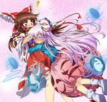  blush bow brown_eyes brown_hair bubble_skirt detached_sleeves fox_mask g_(desukingu) hair_bow hair_tubes hakurei_reimu hata_no_kokoro hug long_hair long_sleeves mask multiple_girls noh_mask plaid plaid_shirt purple_eyes purple_hair shirt skirt tengu_mask touhou yuri 