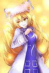  absurdres animal_ears blonde_hair dress fox_ears fox_tail hat highres long_sleeves short_hair smile solo tail tennuru touhou yakumo_ran yellow_background yellow_eyes 