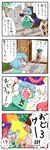  &gt;_&lt; 4koma ahoge animal_ears blue_eyes blue_hair broom closed_eyes comic dog_ears dog_tail geta graveyard green_hair heterochromia highres irony karakasa_obake kasodani_kyouko multiple_girls red_eyes shouting skirt surprised tail tatara_kogasa tongue touhou translated umbrella vest yuzuna99 