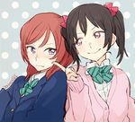  black_hair blazer blush bow bowtie cardigan cheek_poking hair_bow jacket love_live! love_live!_school_idol_project multiple_girls nishikino_maki otonokizaka_school_uniform peg poking purple_eyes red_eyes red_hair school_uniform short_hair smile twintails yazawa_nico yuri 