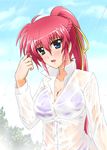  blue_eyes blush breasts cleavage diesel-turbo large_breasts long_hair lyrical_nanoha mahou_shoujo_lyrical_nanoha mahou_shoujo_lyrical_nanoha_a's pink_hair ponytail see-through shirt signum solo underwear wet wet_clothes wet_shirt 