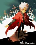  amakusa_shirou_(fate) bad_id bad_pixiv_id brown_eyes cape cross cross_necklace dark_skin dark_skinned_male earrings fate/apocrypha fate_(series) jewelry male_focus necklace perspective solo stole tamaki_(glass_bottle) white_hair 