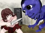  ao_oni black_eyes braid brown_hair crossover door ears knife madotsuki mayonaka_niji_sugi resized skirt the_oni_(ao_oni) twin_braids uboa weapon yume_nikki 