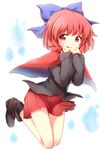  :p bare_legs black_blouse blouse blush boots bow cape commentary_request hair_bow long_sleeves mimi_(mimi_puru) miniskirt pleated_skirt red_cape red_eyes red_hair red_skirt sekibanki short_hair skirt solo tongue tongue_out touhou 