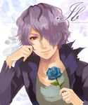  blue_flower blue_rose flower garry_(ib) hair_over_one_eye hidaka_(azurite) ib male_focus purple_hair rose solo 