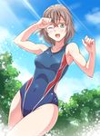  ;d brown_hair cloud competition_swimsuit covered_navel day e20 ebina_hina glasses green_eyes one-piece_swimsuit one_eye_closed open_mouth short_hair sky smile swimsuit tree yahari_ore_no_seishun_lovecome_wa_machigatteiru. 