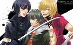  akira_(togainu_no_chi) blonde_hair blue_hair cross cross_necklace green_eyes green_hair gunji hidaka_(azurite) jewelry katana male_focus multiple_boys necklace red_eyes shiki_(togainu_no_chi) sword togainu_no_chi weapon 