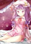  :&lt; absurdres breasts cleavage crescent curtains dress hair_ribbon hat highres large_breasts long_hair nagisa_(imizogami) on_bed patchouli_knowledge purple_eyes purple_hair ribbon solo touhou 