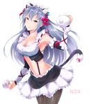  aireenhp animal_ears armpits cat_ears cat_tail character_name collarbone cup earrings idolmaster idolmaster_cinderella_girls jewelry long_hair maid maid_headdress navel silver_eyes silver_hair sleeveless smile solo tail takamine_noa very_long_hair white_background 