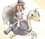  baseball_cap bird brown_eyes brown_hair fio_germi gatling_gun glasses gun hat metal_slug navel ostrich ostrich_slug ponytail riding scared screaming shinapuu short_shorts shorts snk solo sweat weapon 