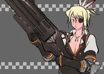  armor blonde_hair blue_eyes breasts character_request cleavage eyepatch g-room_honten gloves gun hair_ornament handgun huge_weapon japanese_armor jewelry kote large_breasts lips monster_hunter necklace puckered_lips revolver short_hair solo weapon 