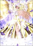  1girl aquila_yuna armor arms_up athena blonde_hair blue_eyes breasts cosplay helmet highres legs light long_hair looking_back pose posing saint_seiya saint_seiya_omega sideboob solo standing wings yadokari_genpachirou 