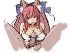  :p animal_ears bikini_top bow breasts cleavage fang fate/extra fate_(series) fox_ears hair_bow hair_ribbon huge_breasts looking_at_viewer panties_(pantsu-pirate) penis pink_hair pov ribbon tamamo_(fate)_(all) tamamo_no_mae_(fate) tongue tongue_out twintails yellow_eyes 
