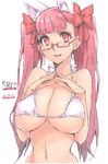  angelo_(gomahangetsu) animal_ears bare_shoulders bikini bikini_top borrowed_character cat_ears character_name glasses highres long_hair navel original pink_eyes pink_hair red-framed_eyewear smile solo srco swimsuit twintails white_bikini 