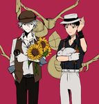  bunny flower hat holding ikari_shinji male_focus multiple_boys nagisa_kaworu neon_genesis_evangelion scissors smile sunflower suspenders tsuzuki_(flee_away) vest 