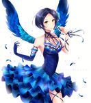  aireenhp bangs blue_hair breasts character_name cleavage feathers flower hair_ornament hayami_kanade idolmaster idolmaster_cinderella_girls medium_breasts parted_bangs short_hair sleeveless smile solo white_background wings yellow_eyes 