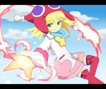  amitie_(puyopuyo) blonde_hair cloud day fire flipped_hair green_eyes hat jacket komeichou-69 letterboxed puyopuyo puyopuyo_fever red_legwear short_hair shorts sky smile solo staff star thighhighs 