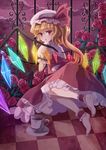  :o ankle_cuffs barefoot blonde_hair checkered checkered_floor cloud cloudy_sky cup flandre_scarlet flower fork hat hat_ribbon highres li_luo looking_back md5_mismatch night red_eyes ribbon rose short_hair side_ponytail skirt skirt_set sky solo teacup touhou wings 