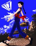 black_hair blue_sky braid chinese_clothes copyright_name day double_bun flats g-room_honten hat hat_removed headwear_removed holding holding_hat long_hair pagoda pai_chan pants sky smile solo twin_braids virtua_fighter walking 