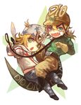  blonde_hair blue_eyes boots chibi diego_brando fangs gloves green_eyes green_shirt hat horseshoe johnny_joestar jojo_no_kimyou_na_bouken leash male_focus multiple_boys scary_monsters_(stand) shirt steel_ball_run tail zluu 