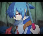  blue_hair expressionless jacket komeichou-69 male_focus puyopuyo puyopuyo_fever rain red_eyes sig_(puyopuyo) solo_focus wet 