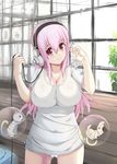  &gt;_&lt; breasts bubble cameltoe cat closed_eyes csai headphones highres large_breasts long_hair looking_at_viewer nitroplus no_pants panties pantyshot pink_eyes pink_hair super_sonico underwear white_panties window 